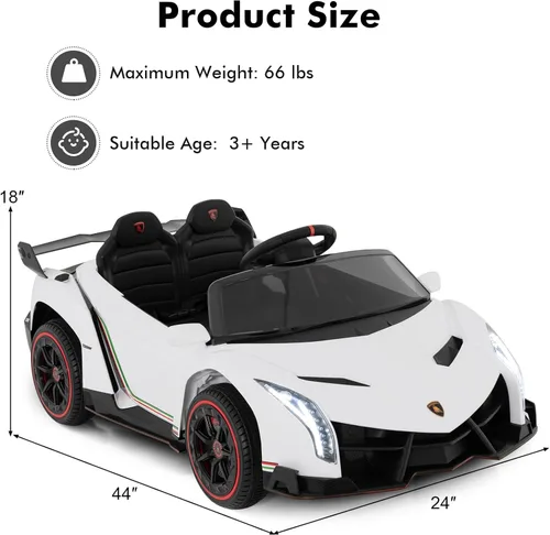 Miniatura 6 de INFANS Auto a batería para niños de 2 plazas, 12V 4WD con licencia Lamborghini Veneno con puertas hidráulicas, modo de balanceo, velocidades Blanco