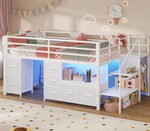Miniatura 13 de ADORNEVE Cama baja tipo loft tamaño individual con 7 cajones de almacenamiento, estantería y luces LED, cama alta de metal para niños con barandilla