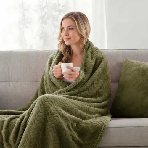 Miniatura 2 de Exclusivo Mezcla - Manta para sofá con textura ondulada decorativa, mantas de vellón ligeras y acogedoras, adecuadas para invierno, verde oliva, 50