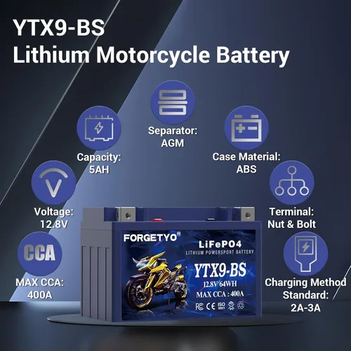 Miniatura 4 de Batería de litio YTX9-BS, LiFePO4 para motocicleta, 12V 5AH 400A ATV, UTV, Jet Ski, 4 ruedas, moto de nieve, tractor y generador Powersports batería