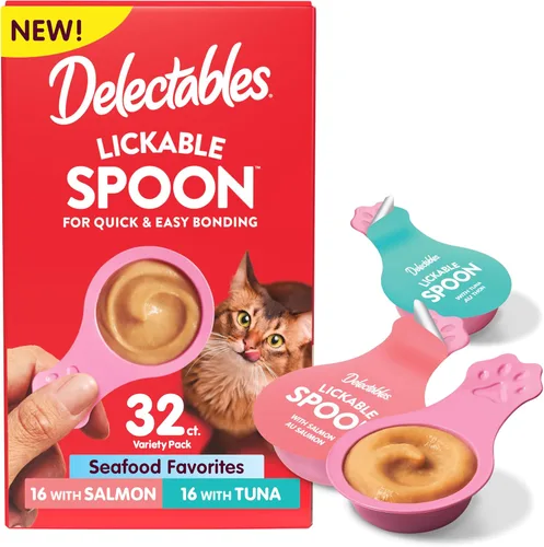 Miniatura 13 de Delectables Golosinas para lamer con cuchara de mano para gatos hechas con pollo y salmón reales, puré cremoso rápido y fácil, sin desorden, sin