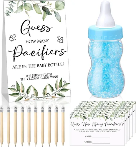 Miniatura 11 de Roowest 512 piezas de juegos de baby shower Adivina cuántos chupetes letrero, 100 pequeños juegos de adivinanzas, 10 lápices HB, botella de leche