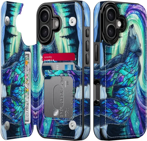 Miniatura 47 de FUNMIKO Funda tipo cartera para iPhone 13 con tarjetero, bloqueo RFID, protección de grado militar y obras de arte impresas con rayos UV, cierre