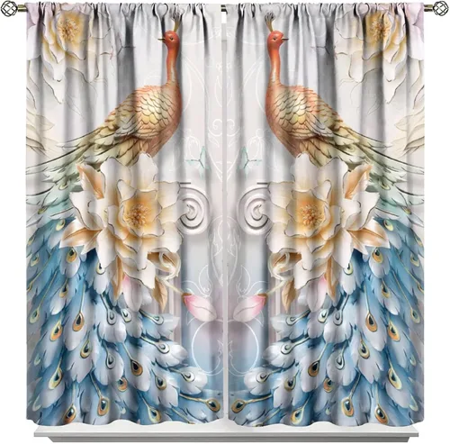 Miniatura 42 de Cortina opaca con estampado de pavo real, con estampado de animales retro, con bolsillo para cortinero y flores de peonía doradas, para dormitorio