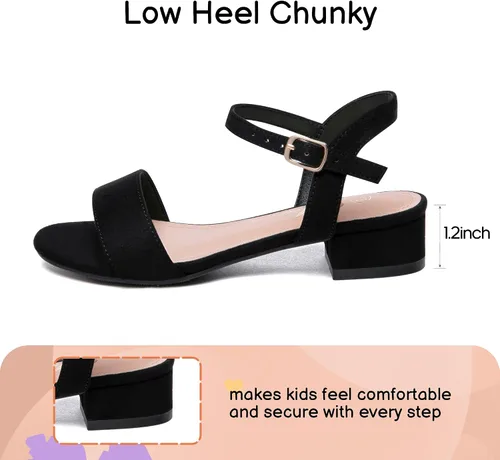 Miniatura 20 de Athlefit Sandalias para niñas, puntera abierta, correa en el tobillo, tacones bajos, zapatos de vestir para niñas pequeñas y grandes