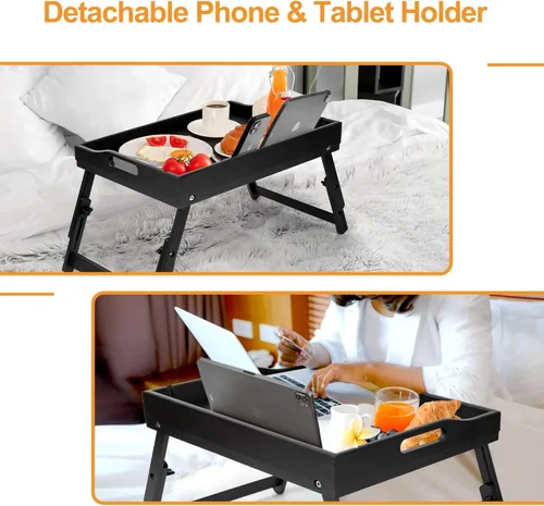 Miniatura 2 de Greenual Paquete de 2 bandejas para cama con asas y patas plegables, bandeja de desayuno de bambú con ranura para medios, uso como plato, escritorio