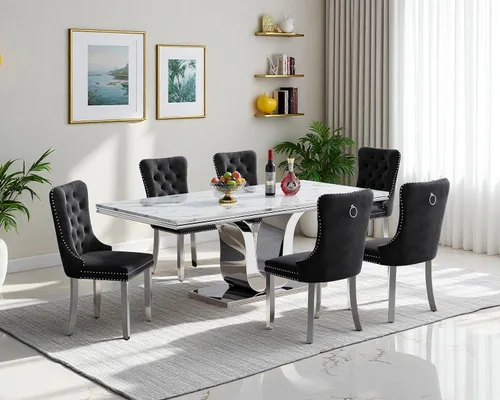 Miniatura 44 de Henf Juego de mesa de comedor de mármol sintético de 68 pulgadas para 6, juego de mesa de comedor de 7 piezas con 6 sillas copetudas de terciopelo