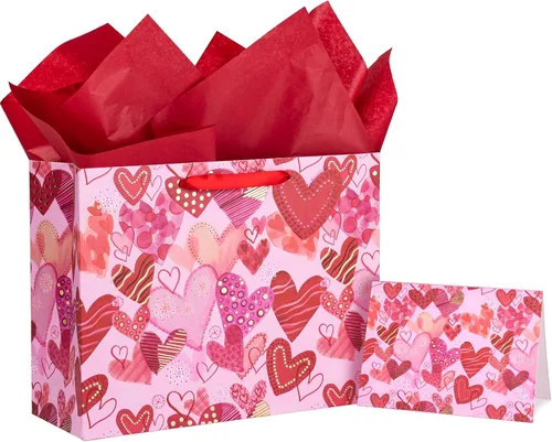 WRAPAHOLIC Bolsa de regalo grande de San Valentín de 13 pulgadas con tarjeta y papel de seda, corazón dulce con lámina dorada