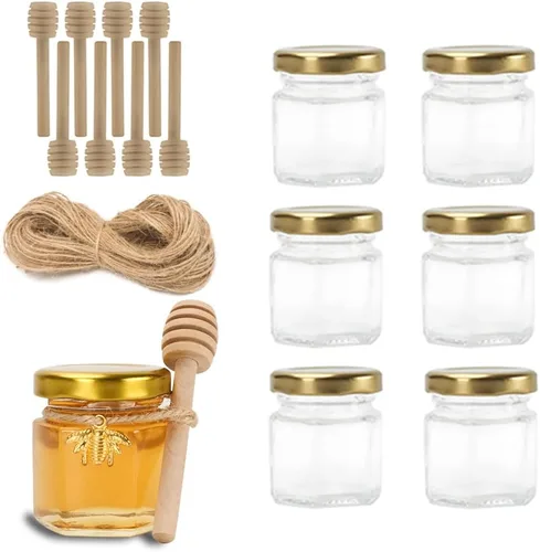 Paquete de 6 mini tarros hexagonales de vidrio de 1.5 onzas, tapas doradas, dijes de abeja, palitos de miel, cuerda de etiqueta de yute, regalos de