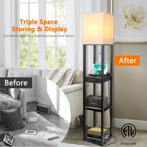 Miniatura 4 de Lámparas de pie para sala de estar, lámpara de pie alta con estantes y cajón, 2 puertos de carga USB y 2 tomas de corriente, bombilla LED brillante