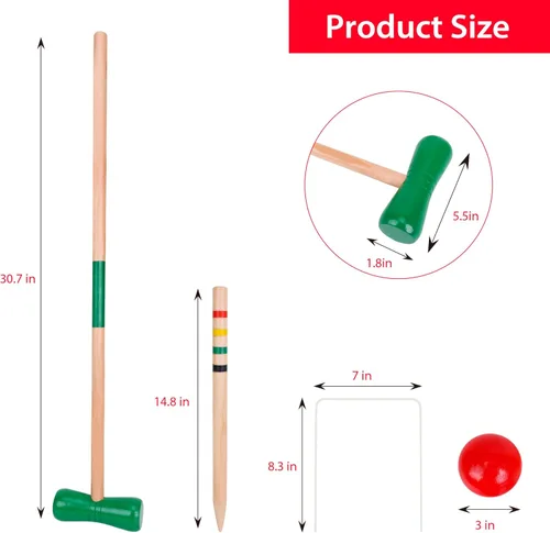 Miniatura 2 de GOTHINK Juego de croquet para 4 jugadores con bolas de madera para adultos y niños, juegos de verano al aire libre para escuela, campo, día