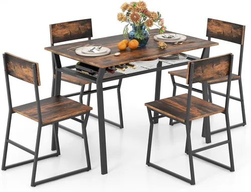 Miniatura 10 de GOFLAME Juego de mesa de comedor de 5 piezas, juego de comedor para 4 personas con marco de metal resistente, estante de almacenamiento, mesa