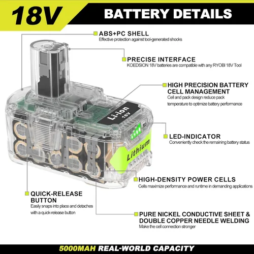 Miniatura 6 de Batería de repuesto para Ryobi 18V 5000mAh P102 P103 P104 P105 P107 P108, compatible con herramientas eléctricas inalámbricas Ryobi ONE+ 18V con luz
