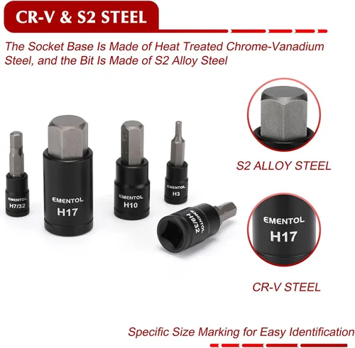 Miniatura 4 de EMENTOL Juego de 38 llaves Allen de 1/4" 3/8" 1/2", SAE/Metric, incluye adaptador de taladro eléctrico, adaptadores de zócalo, 0.079 in - 0.748 in