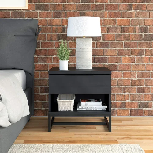Miniatura 6 de Boyd Sleep Catania Mesita de noche con un cajón con estante de almacenamiento abierto: mesa auxiliar moderna para dormitorio, color negro
