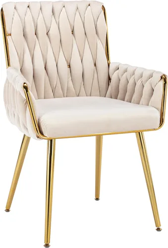 ABET Silla de escritorio de oficina sin ruedas, silla de tocador de terciopelo tejido con respaldo y reposabrazos, cómoda y tapizada con patas de