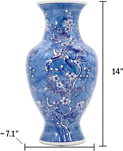 Miniatura 5 de Galt International Jarrón de Cerámica Floral de Grulla Chinoiserie Blanco y Azul de 14" - Jarrón Antiguo Pintado a Mano de Porcelana Estilo Chino