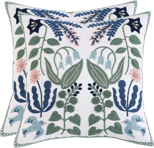Miniatura 10 de Juego de 2 fundas de almohada bordadas de 16 x 16 pulgadas, diseño vintage de pájaros con flores, fundas de almohada de granja para almohada, fundas