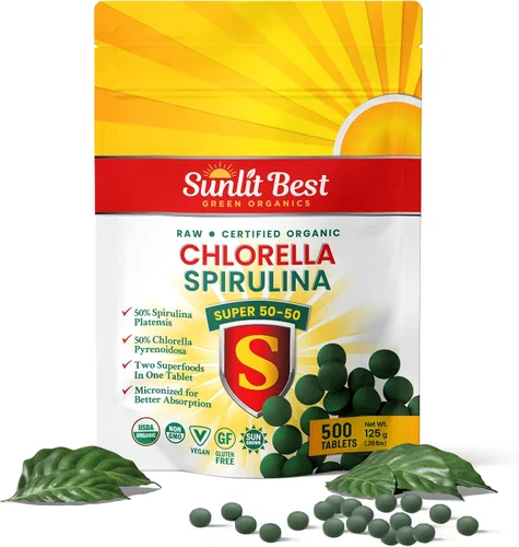 Sunlit Super 50/50 Tabletas orgánicas de Chlorella Spirulina – Súper suplemento para apoyo inmunológico, salud intestinal, estado de ánimo y energía