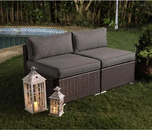 Miniatura 4 de COSIEST Juego de 2 sillas complementarias sin brazos para muebles de exterior para expandir sofá seccional de mimbre marrón chocolate con cojines