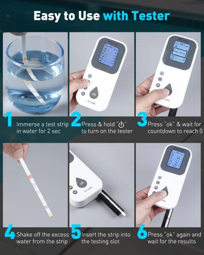 Miniatura 4 de Pawfly 100 tiras de prueba de piscina, kit de prueba digital 7 en 1, tiras de prueba de agua para spa y jacuzzi, para pH, dureza total, cloro total