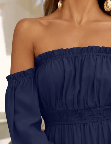 Miniatura 15 de ZESICA - Vestido largo, bohemio y sexy, con hombros descubiertos y manga larga fruncida, con elástico fruncido, cintura alta y abertura lateral
