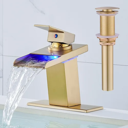 Miniatura 13 de AVSIILE Grifo LED para lavabo de baño, cascada cromada, mango de un solo agujero, 1 agujero con drenaje desplegable de metal y 2 líneas de Cromo