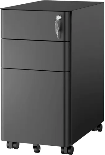 Mount-It! Archivador delgado de 3 cajones con cerradura, archivador móvil de metal sobre ruedas para almacenamiento debajo del escritorio, hogar y