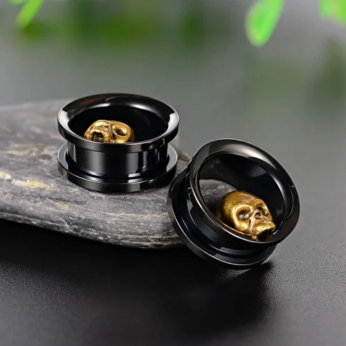 Miniatura 4 de COOEAR 1 par de calibradores de oído túneles de oreja negros tapones de calavera de acero inoxidable