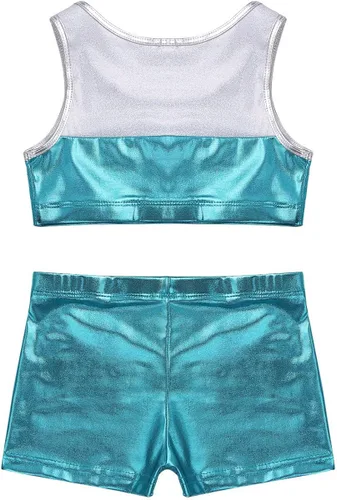Miniatura 7 de iiniim Kids Girls - Conjunto de dos piezas de gimnasia, deportes y danza deportiva brillante con pantalones cortos para bailar