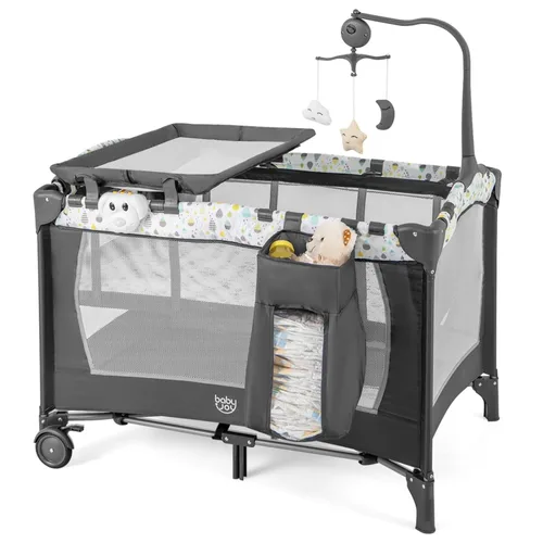 Miniatura 10 de BABY JOY 3 en 1 Pack and Play, Corralito Portátil para Bebé con Moisés, Mesa Cambiadora, Ruedas Bloqueables, Caja de Música Luminosa, Cuna Moisés