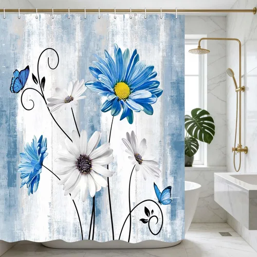 Miniatura 2 de JAWO Cortina de ducha con diseño floral de margaritas azules, cortina de ducha rústica de granja y mariposa en el campo, juego de cortinas de ducha