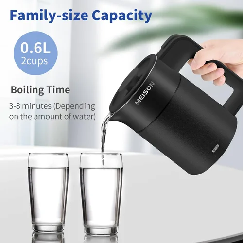 Miniatura 5 de 0.6L Hervidor Eléctrico Pequeño de Acero Inoxidable, Calentador de Agua Caliente Portátil de Pared Doble, Tetera de Té Mini de Tacto Frío, Apagado