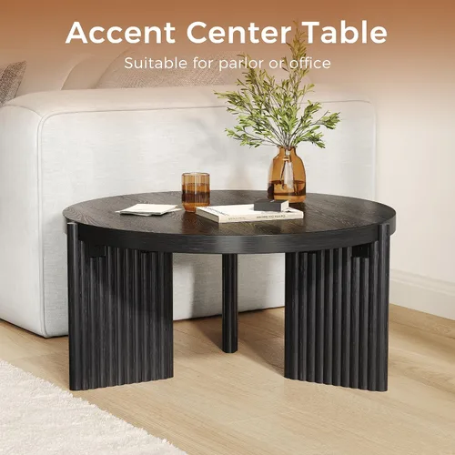 Miniatura 9 de Luoxiao Mesa auxiliar, mesas de centro redondas de 27.5 pulgadas para sala de estar, moderna mesa central acanalada negra, mesa decorativa circular