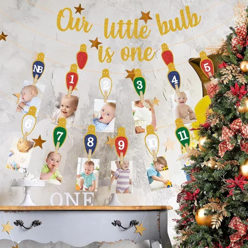 Miniatura 7 de Bombilla de Luz de Navidad Banner de Fotos de Primer Cumpleaños Bombilla de Luz de Navidad Banner de Fotos para Recién Nacido a 12 Meses Hito