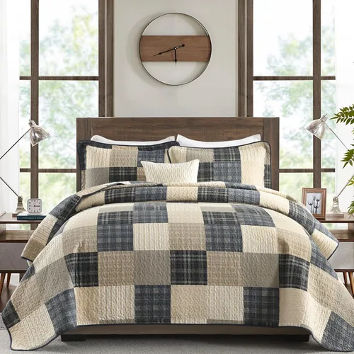 Miniatura 11 de KALOOLA Colcha de granja tamaño King – Juego de ropa de cama acolchada ligera 100% algodón, 3 piezas, colcha a cuadros estampada con 2 fundas