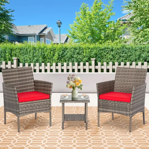 Miniatura 2 de FDW Juego de muebles de exterior de 3 piezas para patio, sillas de mimbre gris, juego de conversación de bistró, 2 sillas de ratán con cojines rojos