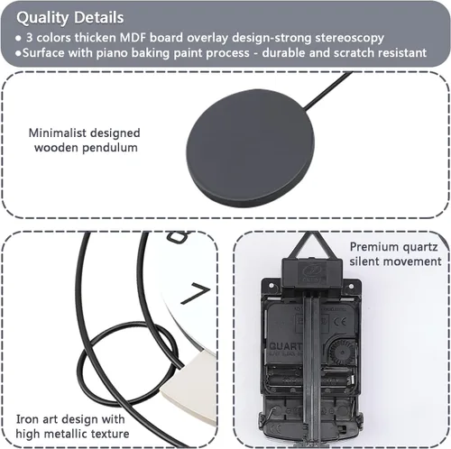 Miniatura 3 de Relojes de pared decorativos con péndulo, cuarzo de calidad silenciosa, funciona con pilas, reloj de pared grande de metal para sala de estar, Negro