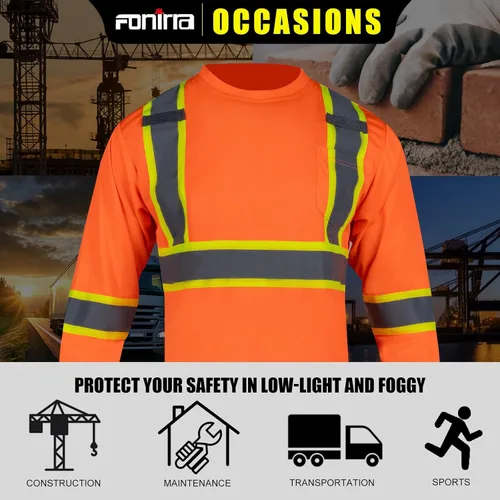 Miniatura 6 de FONIRRA Camiseta de seguridad de manga larga reflectante de alta visibilidad, camisas de trabajo de construcción ANSI Clase 3 para hombres Naranja