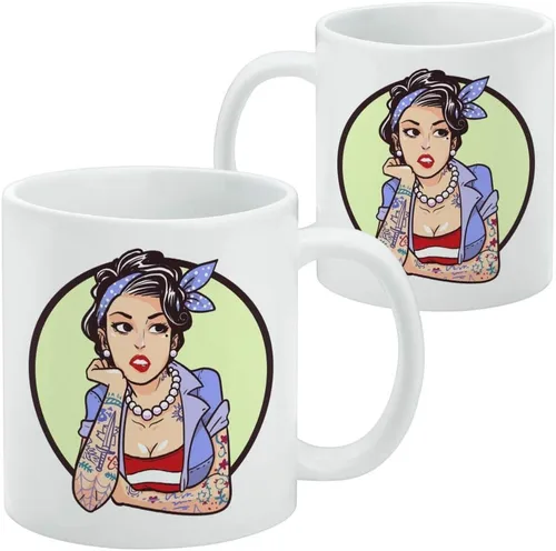Miniatura 2 de Rockabilly - Taza de café de cerámica retro Pin Up Girl With Tattoos, novedosa taza de regalo para café, té y bebidas calientes, 11 onzas
