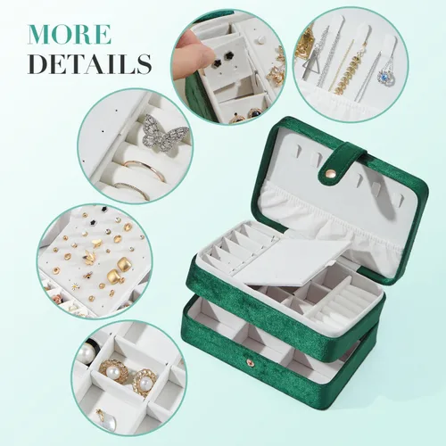 Miniatura 4 de BUTI4WLD Joyero pequeño de terciopelo para mujeres y niñas, estuche portátil de viaje de doble capa para anillos, colgantes, aretes, collares