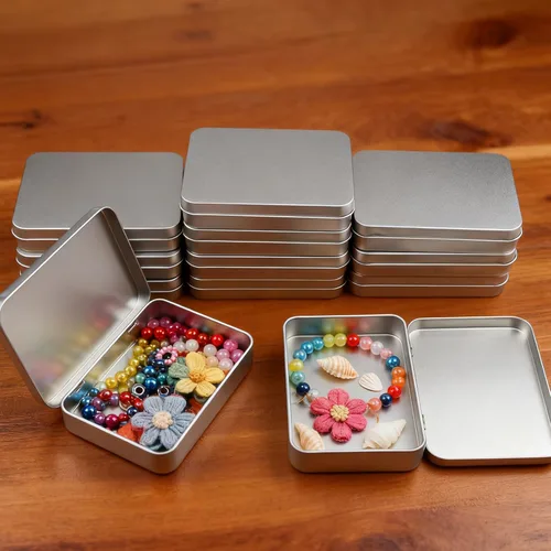 Miniatura 5 de 12 recipientes rectangulares de metal vacíos con bisagras para necesidades básicas, organizador de almacenamiento para el hogar, juego de mini Plata