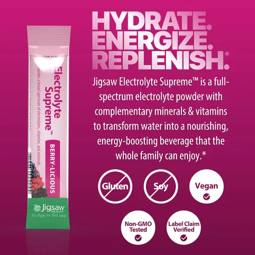 Miniatura 4 de Suplemento Jigsaw Health Electrolyte Supreme, delicioso sabor a bayas, amplio espectro de electrolitos + oligoelementos, 60 paquetes de polvo, 60