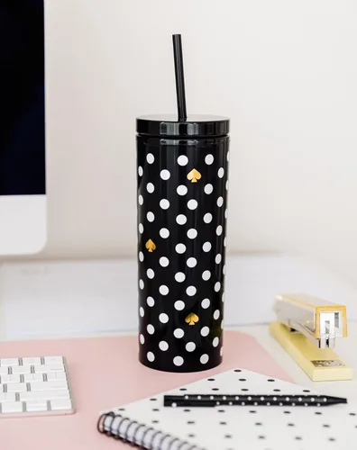 Miniatura 3 de kate spade new york Vaso aislado con popote reutilizable, taza de viaje de acrílico negro de 24 onzas con tapa, lunares Polka Dots