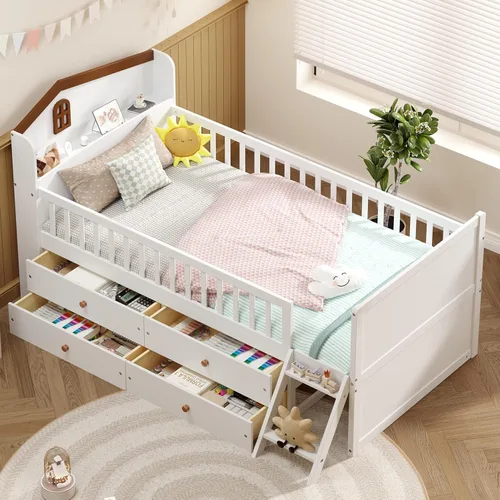 Miniatura 14 de Base de cama de tamaño individual con barandillas nido y valla para niños, adolescentes y adultos, soporte de listones de madera, no necesita Gris