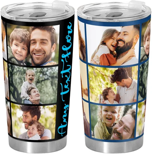 Miniatura 9 de Vaso de fotos personalizado con asa para papá, mamá, familias, taza de viaje de acero inoxidable con impresión de doble cara aislada, imagen