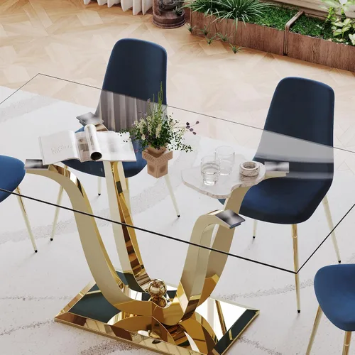 Miniatura 7 de Mesa de comedor de vidrio de 70 pulgadas para 4-8 personas, parte superior de vidrio templado y base de acero inoxidable en U dorada, escritorio