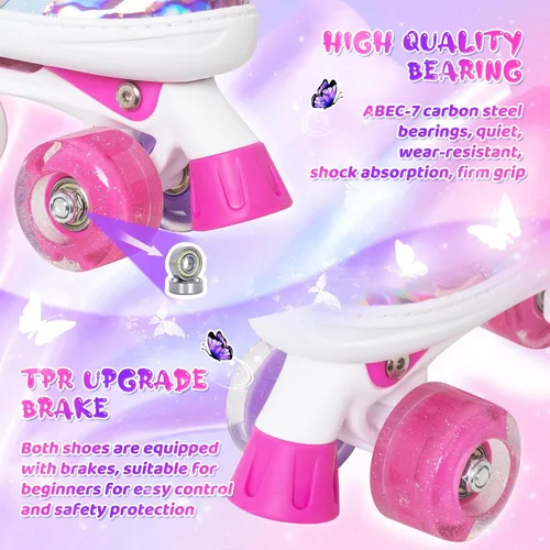 Miniatura 6 de MammyGol Patines de ruedas para niños y niñas, patines ajustables para niños con hermosas mariposas, principiantes de 3 a 16 años de edad, patines