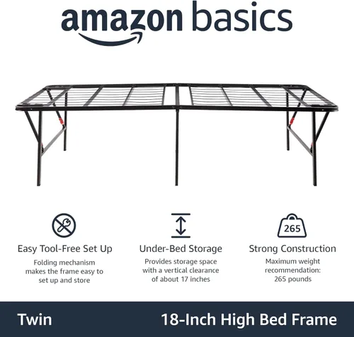 Miniatura 4 de Amazon Basics Base de cama de plataforma de metal plegable con configuración sin herramientas, 18 pulgadas de alto, marco de acero resistente,