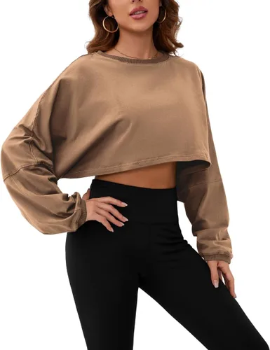 SAFRISIOR Camiseta corta de manga larga de gran tamaño para mujer, cuello redondo, hombros caídos, camiseta corta casual para entrenamiento